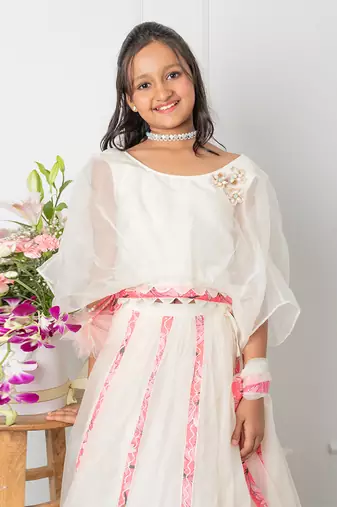 Round neck off white top and floral applique embroidered lehenga