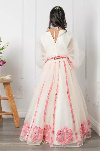 Round neck off white top and floral applique embroidered lehenga