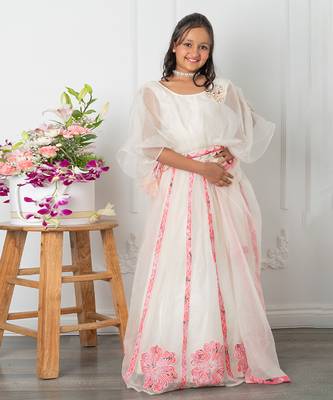 Round neck off white top and floral applique embroidered lehenga 4