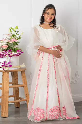 Round neck off white top and floral applique embroidered lehenga