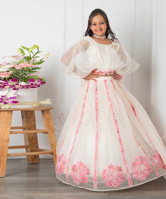 Round neck off white top and floral applique embroidered lehenga 5