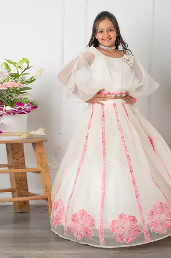 Round neck off white top and floral applique embroidered lehenga