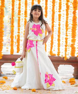 Exquisite floral embroidered top and lehenga with potli bag 1