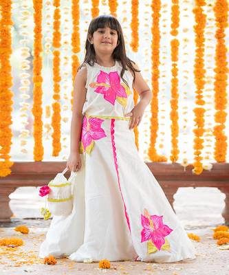 Exquisite floral embroidered top and lehenga with potli bag 4