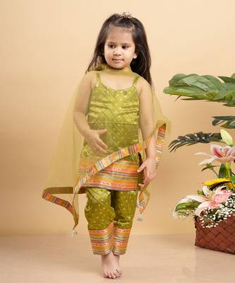 Elegant olive green brocade set with vibrant woven borders, perfect for festive celebrations 1