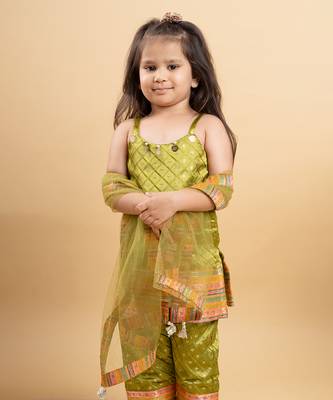Elegant olive green brocade set with vibrant woven borders, perfect for festive celebrations 2