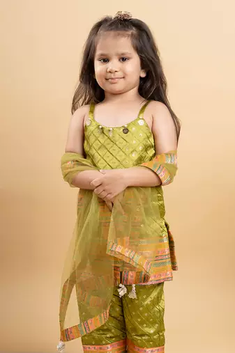 Elegant olive green brocade set with vibrant woven borders, perfect for festive celebrations