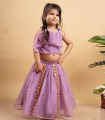 Chic lavender lehenga with an asymmetrical top, adorned with gold and pink embellishments for a modern festive look.