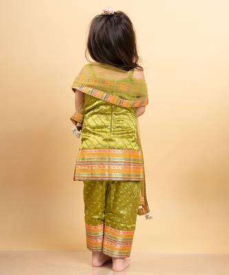 Elegant olive green brocade set with vibrant woven borders, perfect for festive celebrations 3