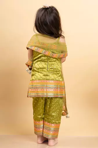 Elegant olive green brocade set with vibrant woven borders, perfect for festive celebrations