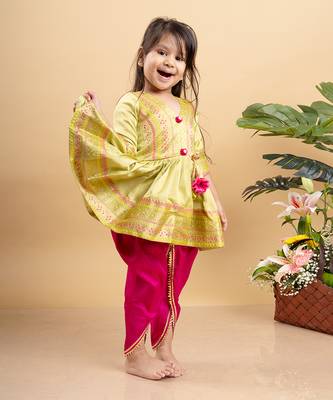 Vibrant lime green printed kurta paired with bold fuchsia dhoti pants for a festive and playful look 1