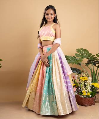 Elegant multicolored brocade lehenga set with intricate gold motifs and a matching pastel dupatta 1