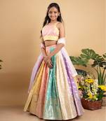 Elegant multicolored brocade lehenga set with intricate gold motifs and a matching pastel dupatta