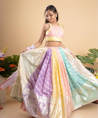 Elegant multicolored brocade lehenga set with intricate gold motifs and a matching pastel dupatta 3