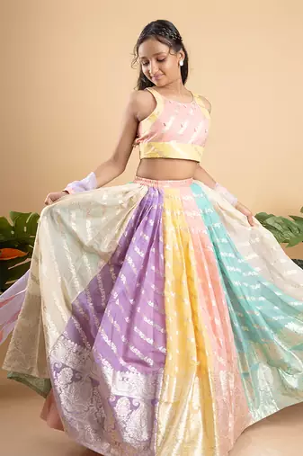 Elegant multicolored brocade lehenga set with intricate gold motifs and a matching pastel dupatta