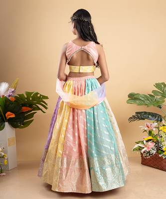Elegant multicolored brocade lehenga set with intricate gold motifs and a matching pastel dupatta 4