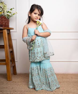 Elegant aqua blue sharara set with intricate mirror work and embroidery, perfect for festive occasions and celebrations 1