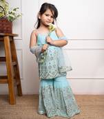 Elegant aqua blue sharara set with intricate mirror work and embroidery, perfect for festive occasions and celebrations