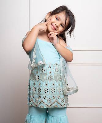 Elegant aqua blue sharara set with intricate mirror work and embroidery, perfect for festive occasions and celebrations 2
