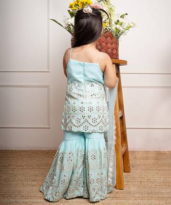Elegant aqua blue sharara set with intricate mirror work and embroidery, perfect for festive occasions and celebrations 3