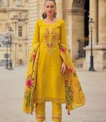 Mustard embroidered print handwork jacquard viscose pant straight Full Stitched Suit