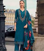 Teal blue embroidered print handwork jacquard viscose pant straight Full Stitched Suit