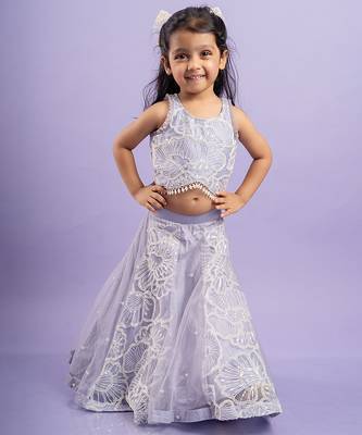 Adorable lavender floral-embroidered lehenga set with a beaded crop top 1