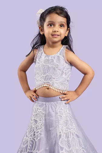 Adorable lavender floral-embroidered lehenga set with a beaded crop top