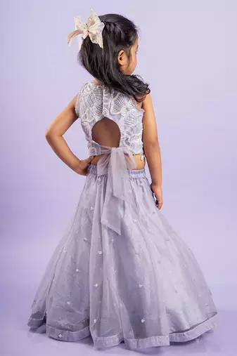 Adorable lavender floral-embroidered lehenga set with a beaded crop top