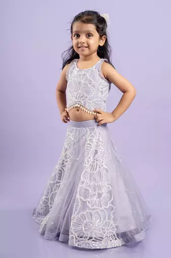 Adorable lavender floral-embroidered lehenga set with a beaded crop top