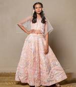 Elegant blush pink ensemble with intricate floral embroidery and a sheer overlay