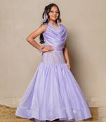 Elegant lavender mermaid gown with sparkling embellishments and a draped neckline
