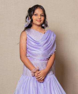 Elegant lavender mermaid gown with sparkling embellishments and a draped neckline 2