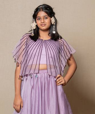 Elegant lavender ensemble with a beaded cape and layered skirt 2