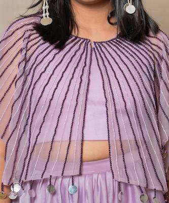 Elegant lavender ensemble with a beaded cape and layered skirt 3