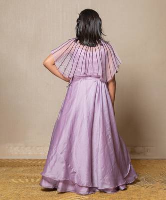 Elegant lavender ensemble with a beaded cape and layered skirt 4