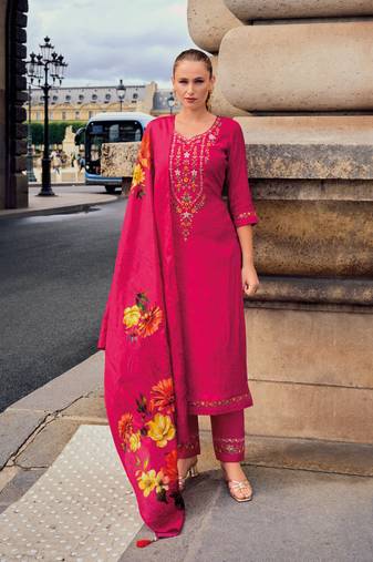 Pink embroidered, print handwork jacquard viscose pant straight Full Stitched Suit