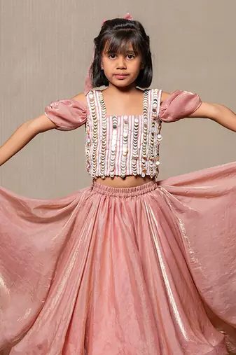 Sequin hand work top with pleated flowy lehenga