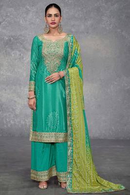 Truquoise embroidered mirror digital printed chinon palazzo straight Full Stitched Suit 1