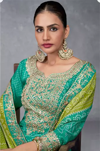 Truquoise embroidered mirror digital printed chinon palazzo straight Full Stitched Suit