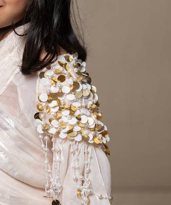 Intricate sequin embellishment cape with halter neck top and layered skirt 2