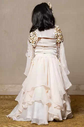 Intricate sequin embellishment cape with halter neck top and layered skirt