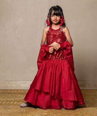 Elegant red sequin top with flared skirt and cape style dupatta 1