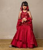 Elegant red sequin top with flared skirt and cape style dupatta