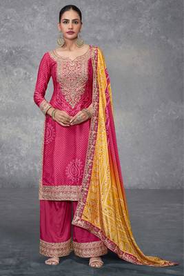 Pink embroidered mirror digital printed chinon palazzo straight Full Stitched Suit 1