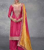 Pink embroidered mirror digital printed chinon palazzo straight Full Stitched Suit