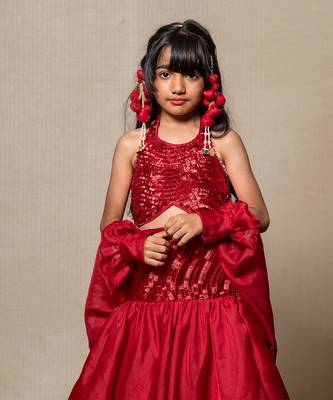 Elegant red sequin top with flared skirt and cape style dupatta 2