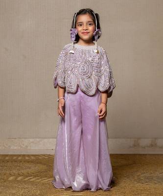 Lilac coloured crop top with heavy embroidered cape and pants 1