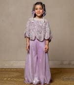 Lilac coloured crop top with heavy embroidered cape and pants