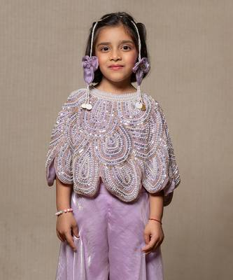 Lilac coloured crop top with heavy embroidered cape and pants 2